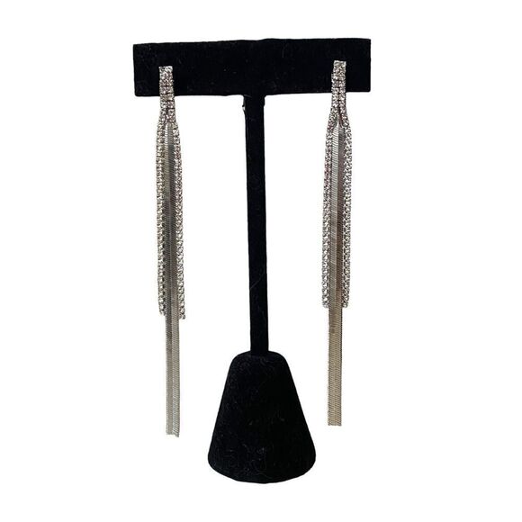 Herringbone & Rhinestone Silver Dangle Drop Statement Earrings Costume Jewelry - Picture 4 of 4